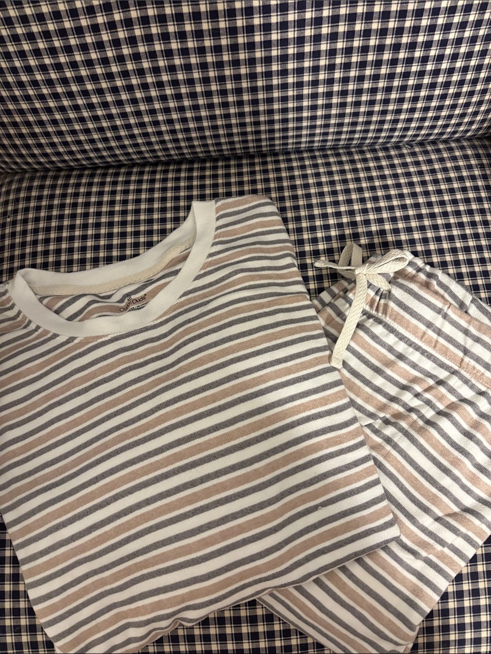 Cuddl Duds Striped  Pajama Set - White, Beige & Gray